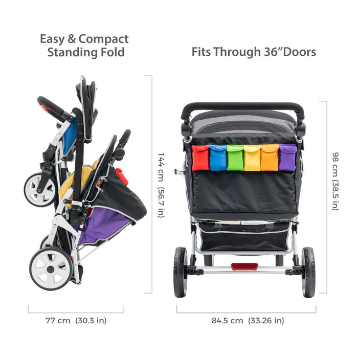 FAMILIDOO H6E 6 SEAT BABY STROLLER- DOUBLE CANOPY - DAYCARE STROLLERS WITH 5 POINT SAFETY HARNESS