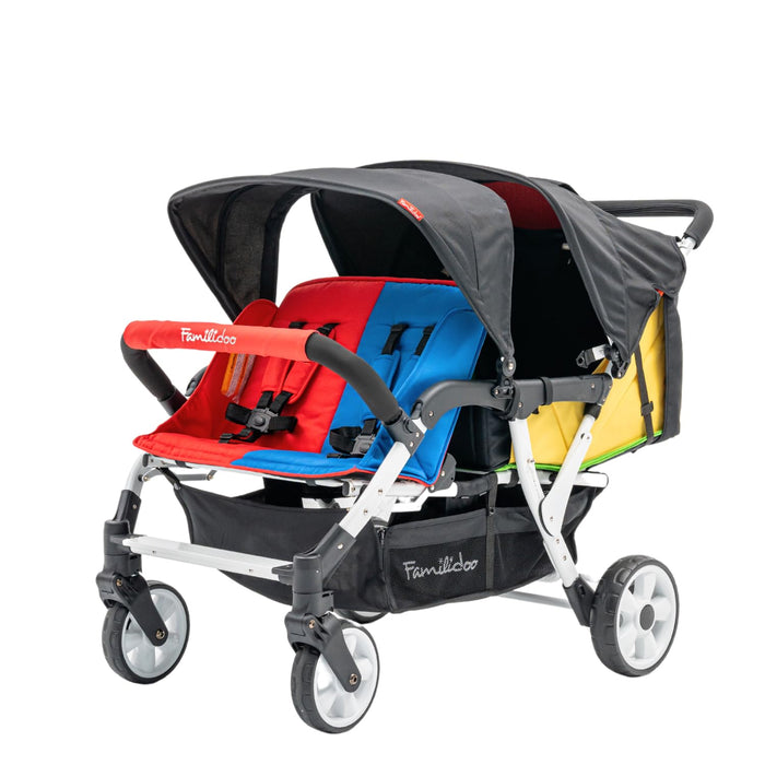 FAMILIDOO H4E QUAD STROLLER WITH DOUBLE CANOPY RAIN COVER, 4 SEAT BABY STROLLER WITH ALL RECLINING SEATS - 4 SEATER STROLLER WITH 5-POINT HARNESS