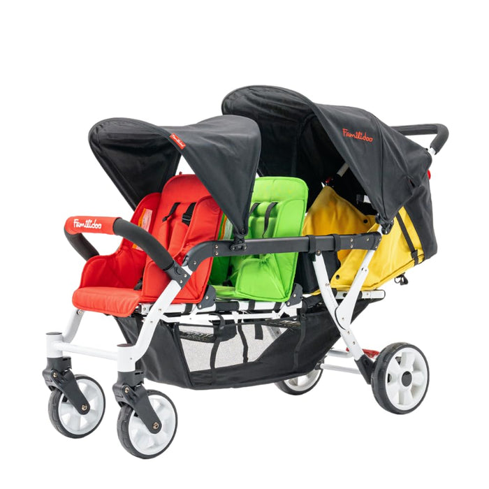 FAMILIDOO H3E 3 SEAT BABY STROLLER - DOUBLE CANOPY TRIPLET STROLLER WITH RECLINING SEATS - DAYCARE STROLLERS FOR 3 KIDS