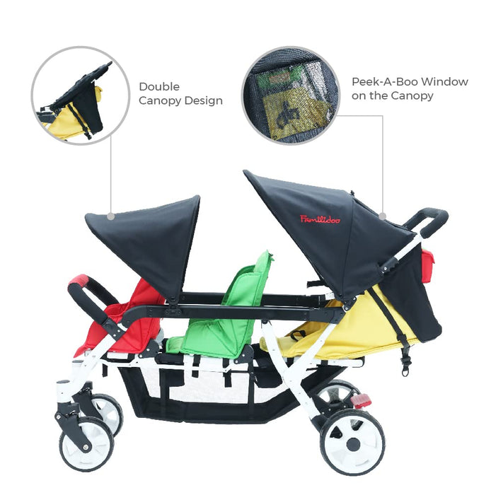 FAMILIDOO H3E 3 SEAT BABY STROLLER - DOUBLE CANOPY TRIPLET STROLLER WITH RECLINING SEATS - DAYCARE STROLLERS FOR 3 KIDS