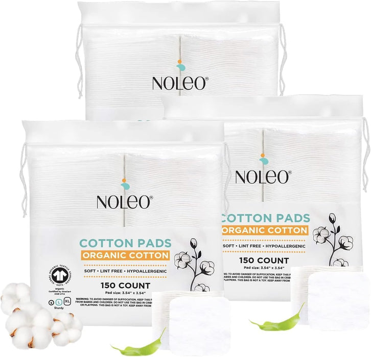 NOLEO Organic Cotton Pads - Large 3.54"x3.54" Pack of 3 (450x) M4A