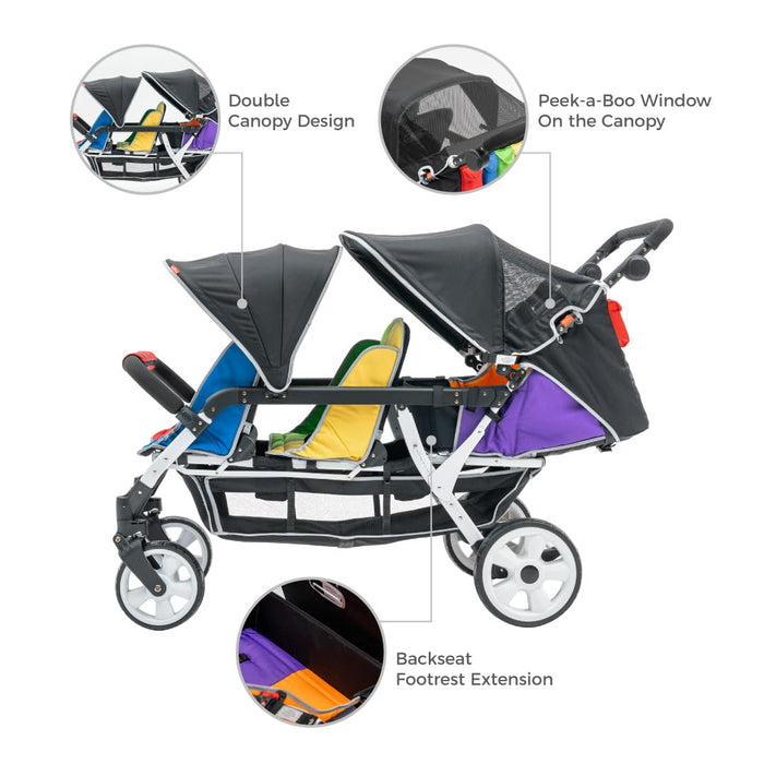 FAMILIDOO H6E 6 SEAT BABY STROLLER- DOUBLE CANOPY - DAYCARE STROLLERS WITH 5 POINT SAFETY HARNESS