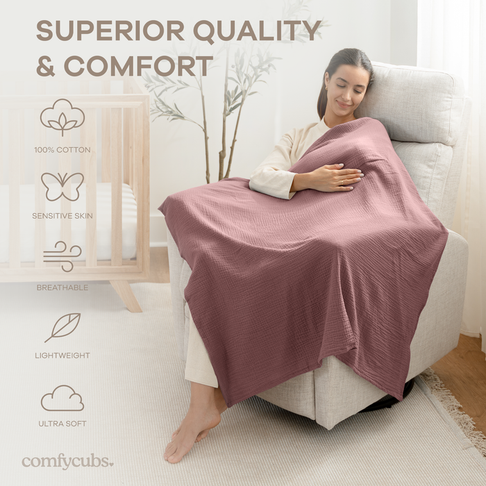 Muslin Swaddle Blankets, 42” x 42” in Cream, Blush, Mauve, Pack of 3 Swaddles Comfy Cubs