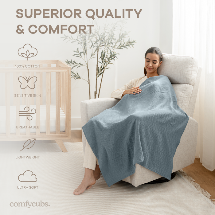 Muslin Swaddle Blankets, 42” x 42” in Heather Blue, Pacific Blue, Fern, Pack of 3 Swaddles Comfy Cubs