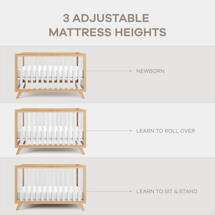 Baby Crib for 0 to 3 Years - White Bars and Natural Wood Frame and Legs Cribs Comfy Cubs