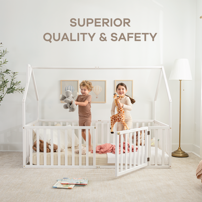 Kids House Gated Floor Bed Twin Size for Children Aged 5+, White Kids Gated Floor Bed Comfy Cubs