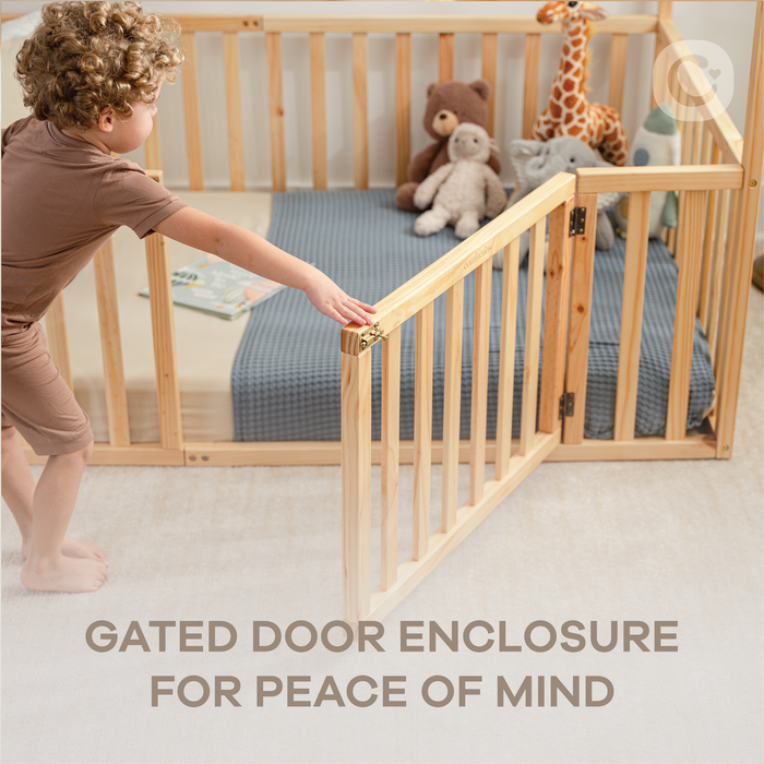 Kids House Gated Floor Bed Twin Size for Children Aged 5+, Natural Wood Kids Gated Floor Bed Comfy Cubs