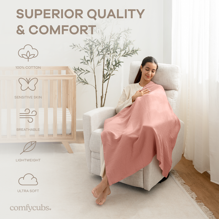 Muslin Swaddle Blankets, 42” x 42” in Blush, Bold Blush, Dusty Rose, Pack of 3 Swaddles Comfy Cubs