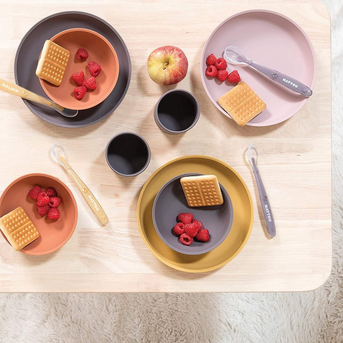 Nattou Silicone Children’s Tableware Set 4-Piece with Non-Slip Suction Plate & Bowl Dinnerware Sets M4A