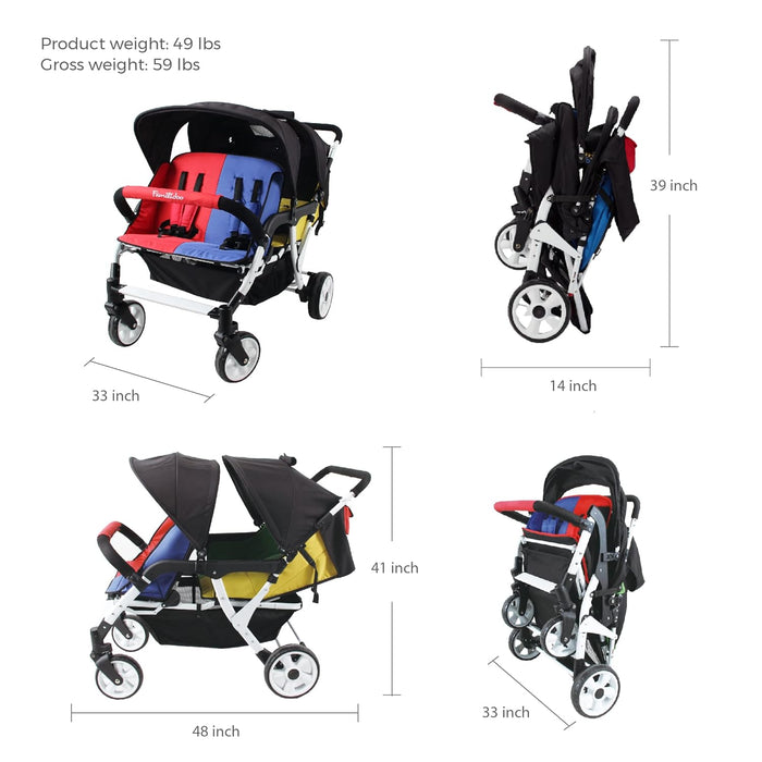 FAMILIDOO H4E QUAD STROLLER WITH DOUBLE CANOPY RAIN COVER, 4 SEAT BABY STROLLER WITH ALL RECLINING SEATS - 4 SEATER STROLLER WITH 5-POINT HARNESS