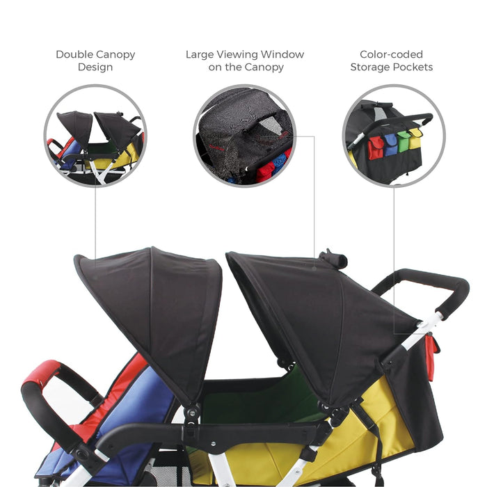 FAMILIDOO H4E QUAD STROLLER WITH DOUBLE CANOPY RAIN COVER, 4 SEAT BABY STROLLER WITH ALL RECLINING SEATS - 4 SEATER STROLLER WITH 5-POINT HARNESS