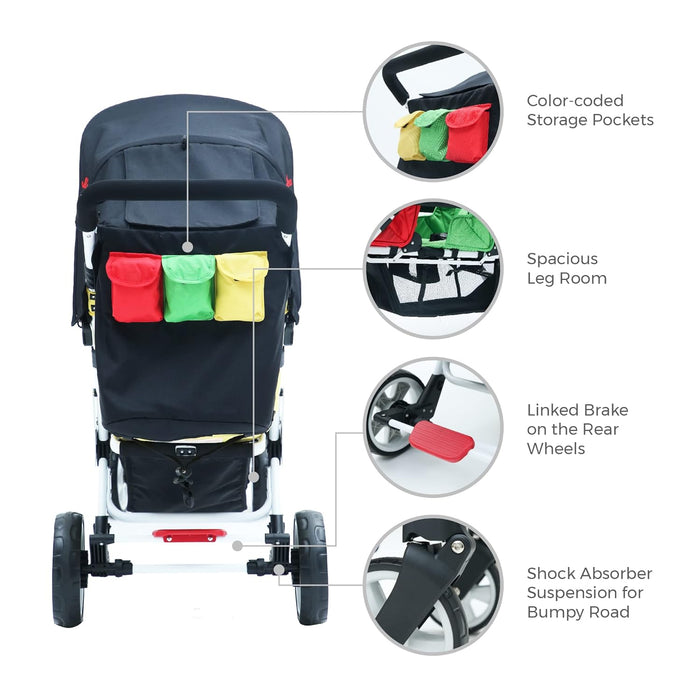 FAMILIDOO H3E 3 SEAT BABY STROLLER - DOUBLE CANOPY TRIPLET STROLLER WITH RECLINING SEATS - DAYCARE STROLLERS FOR 3 KIDS