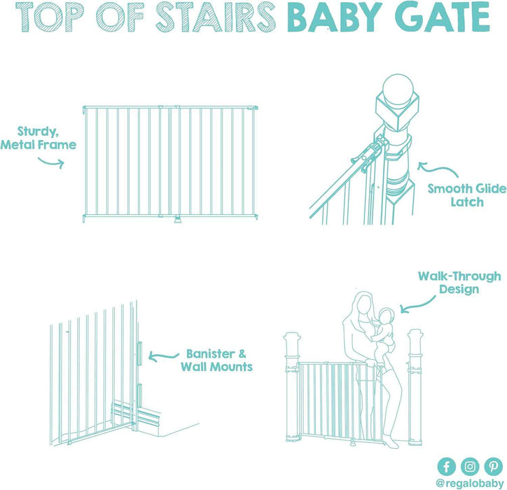 REGALO TOP OF STAIRS METAL BABY GATE FIT 28"-42" GATE REGALO
