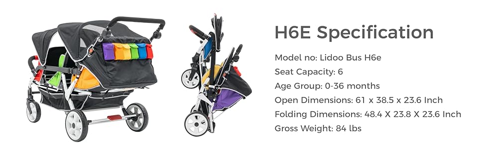 FAMILIDOO H6E 6 SEAT BABY STROLLER- DOUBLE CANOPY - DAYCARE STROLLERS WITH 5 POINT SAFETY HARNESS