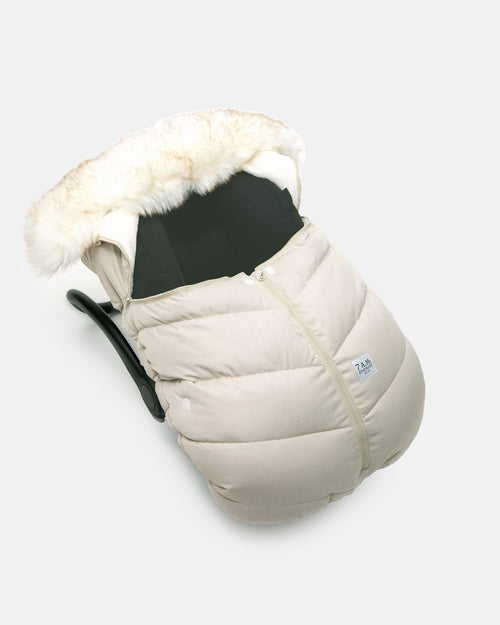 7AM ENFANT TUNDRA CAR SEAT COCOON TUNDRA IN WHITE FUR & BEIGE HEATHER BUNTING 7 A.M.