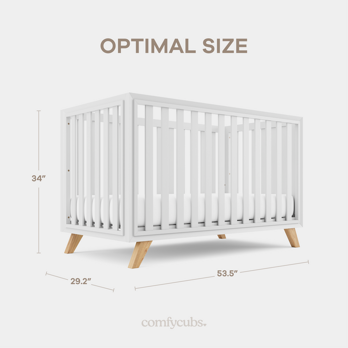 Baby Crib for 0 to 3 Years - White Bars and Frame and Natural Wood Leg Cribs Comfy Cubs