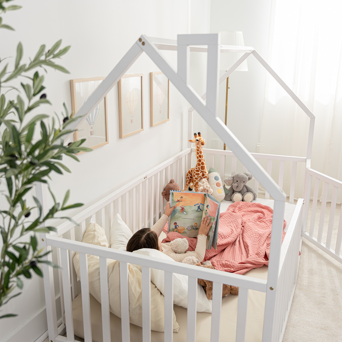 Kids House Gated Floor Bed Twin Size for Children Aged 5+, White Kids Gated Floor Bed Comfy Cubs