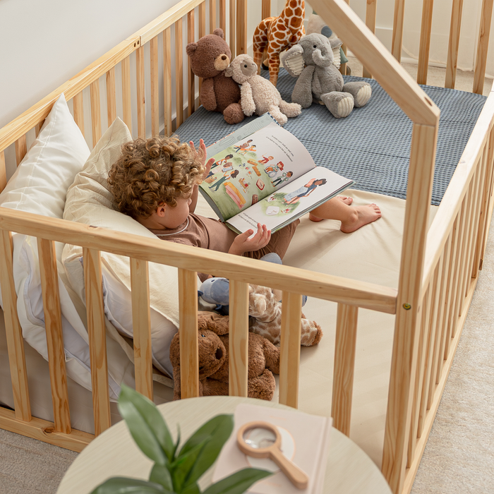 Kids House Gated Floor Bed Twin Size for Children Aged 5+, Natural Wood Kids Gated Floor Bed Comfy Cubs