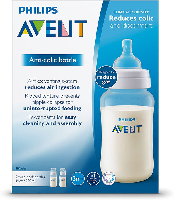 PHILIPS AVENT ANTI-COLIC BABY BOTTLES, 11OZ, WITH FLOW 3 NIPPLES, 3M+, 2PK FEEDING AVENT