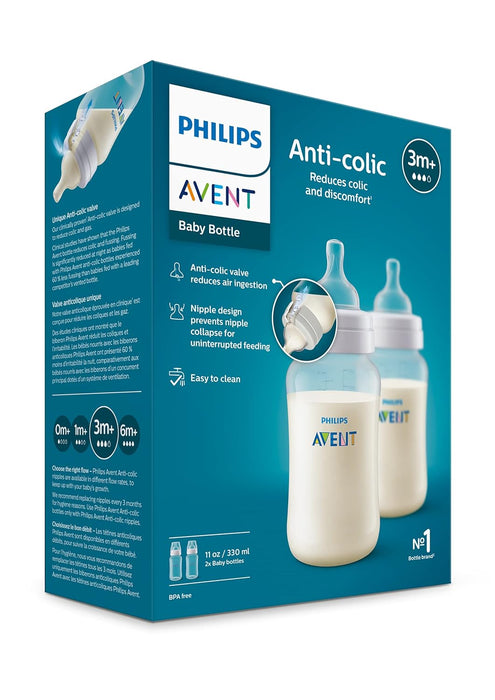 PHILIPS AVENT ANTI-COLIC BABY BOTTLES, 11OZ, WITH FLOW 3 NIPPLES, 3M+, 2PK FEEDING AVENT