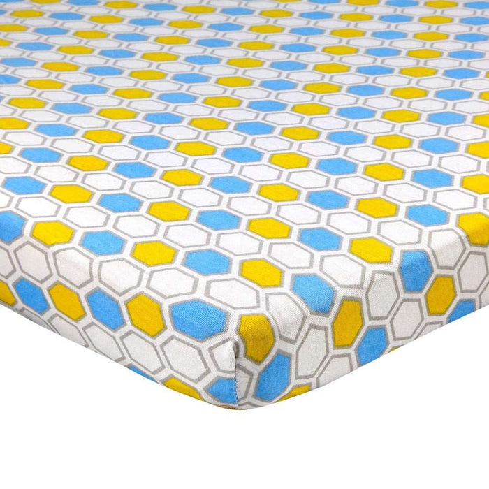 ABSTRACT FITTED SHEET HONEYCOMB YELLOW & BLUE FOR PORTABLE CRIB - 24" X 38"