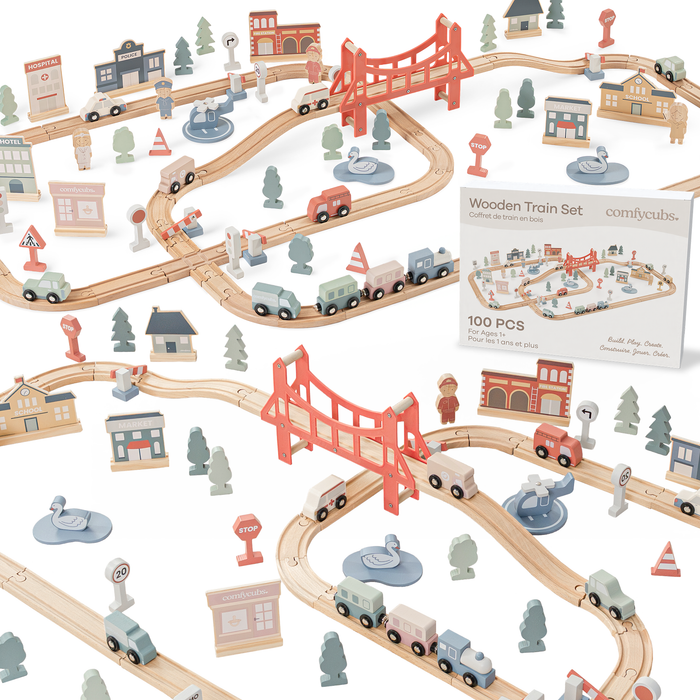 100-Piece Wooden Train Set for Toddlers Ages 1+ Train Set Comfy Cubs