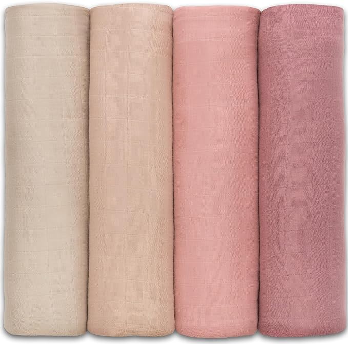 Muslin Swaddle Blankets, 4 Pack by Comfy Cubs - Cream, Blush, Bold Blush, Mauve Swaddles Comfy Cubs