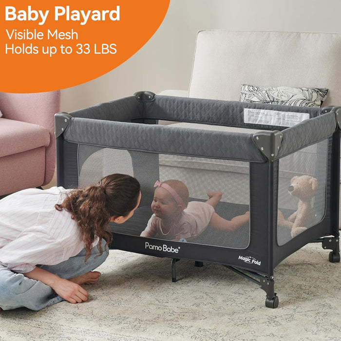 PAMO BABE BABY PLAYARD MAGIC FOLD 1 STEP BASSINET & CHANGING TABLE FOR NEWBORN (BLACK) PLAYPEN PAMO BABE