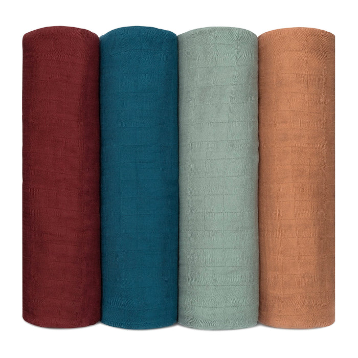Muslin Swaddle Blankets, 4 Pack by Comfy Cubs - Wine, Neptune, Fern, Caramel Swaddles Comfy Cubs