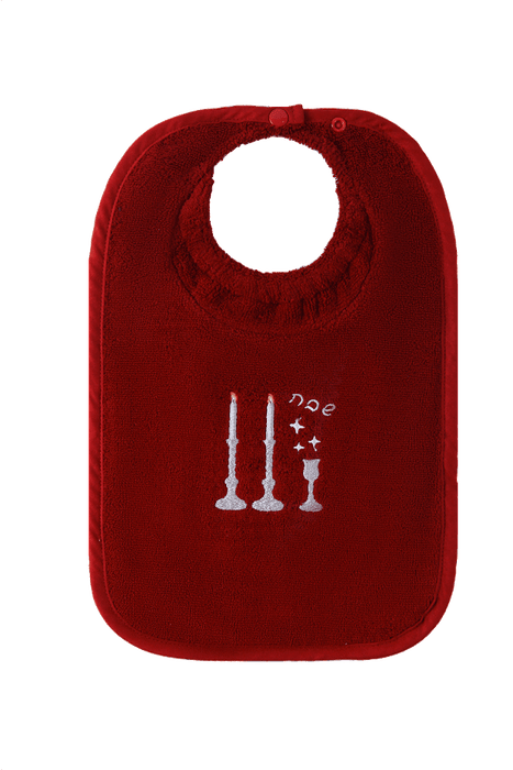 ABSTRACT WATERPROOF BIB WITH SNAPS, MAROON W/ SHABBOS CANDLES - MEDIUM