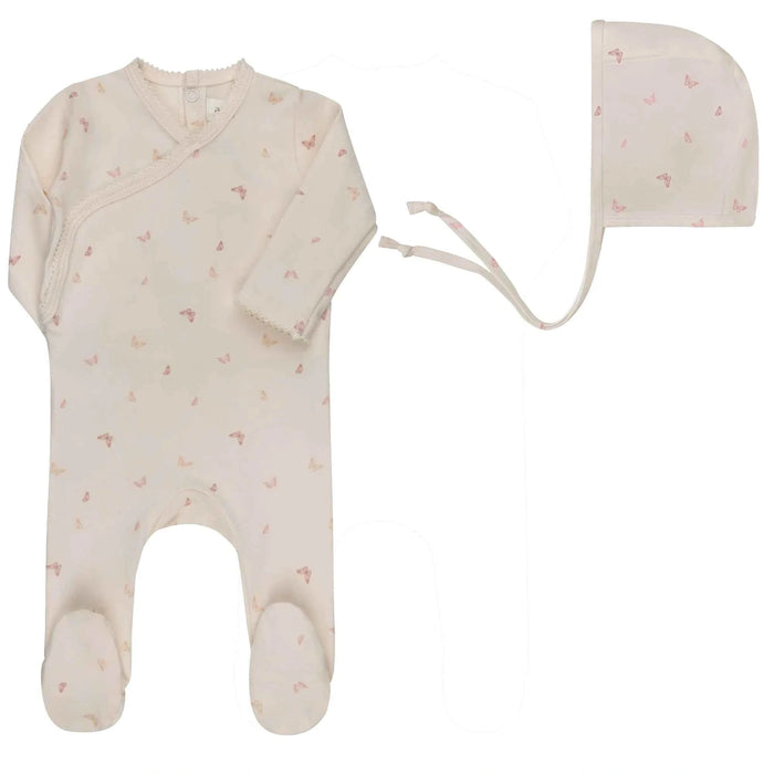 AURORA CLASSICS BABY FOOTIE + BONNET JERSEY COTTON BUTTERFLY COLLECTION IVORY PINK FOOTIE + BONNET AURORA
