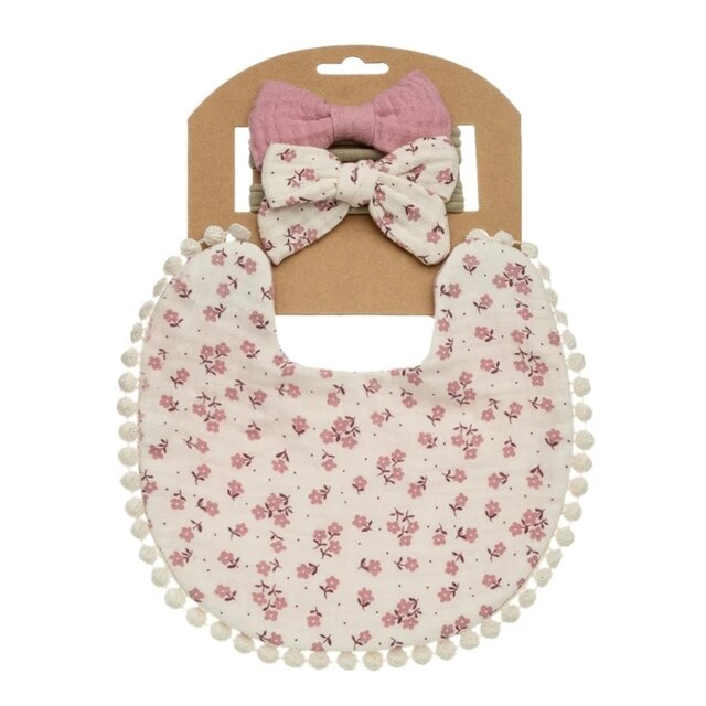 BANDANA BURP CLOTH SET NEWBORN DOUBLE SIDE BIBS WITH BOW HEADBAND