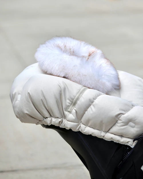 7AM ENFANT TUNDRA CAR SEAT COCOON TUNDRA IN WHITE FUR & BEIGE HEATHER BUNTING 7 A.M.