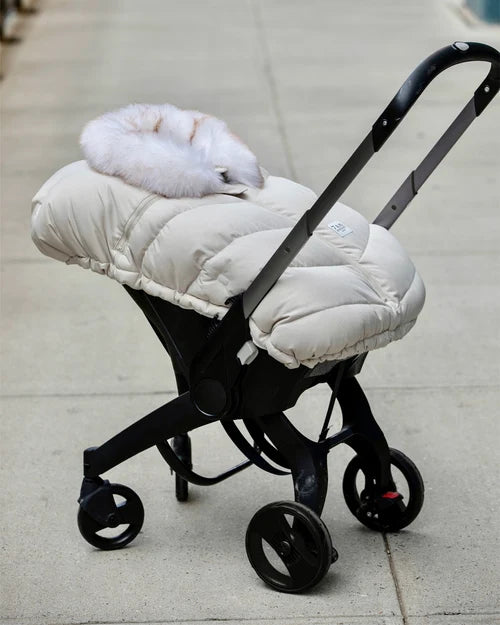 7AM ENFANT TUNDRA CAR SEAT COCOON TUNDRA IN WHITE FUR & BEIGE HEATHER BUNTING 7 A.M.