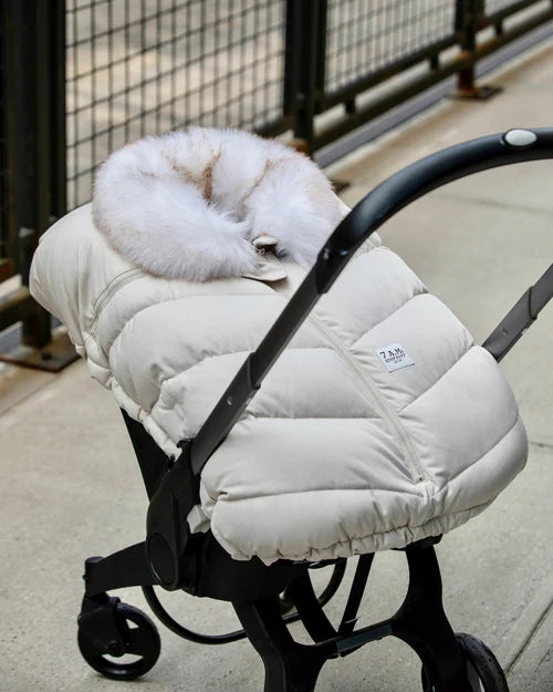 7AM ENFANT TUNDRA CAR SEAT COCOON TUNDRA IN WHITE FUR & BEIGE HEATHER BUNTING 7 A.M.