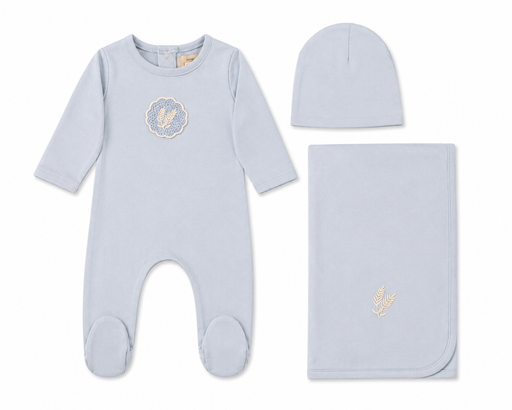 Crochet Applique (Cotton) Layette Set Sky Blue + Bonnet & Blanket Tricot Bebe
