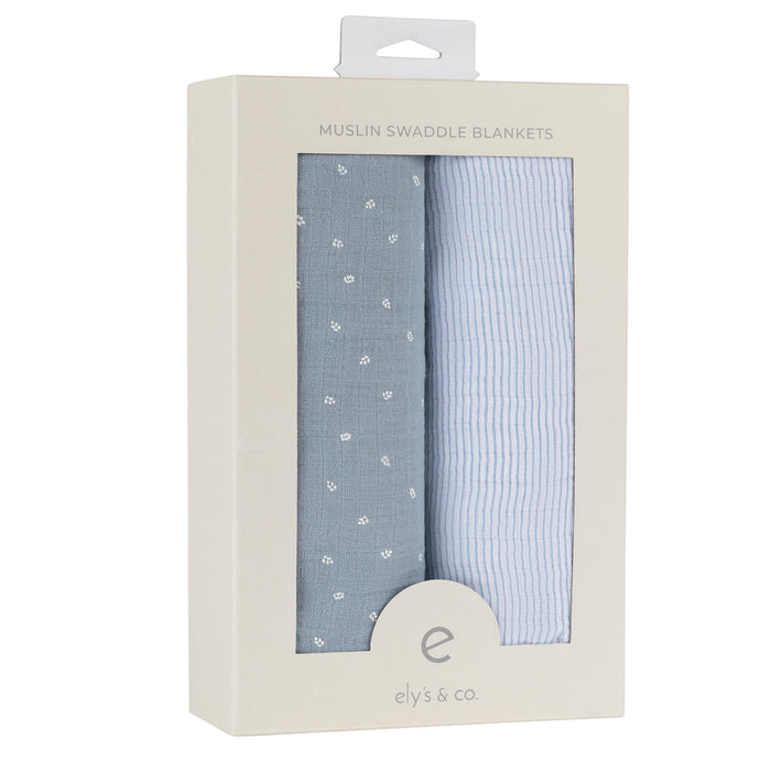 2PK MUSLIN SWADDLES BLUE LEAF-STRIPES