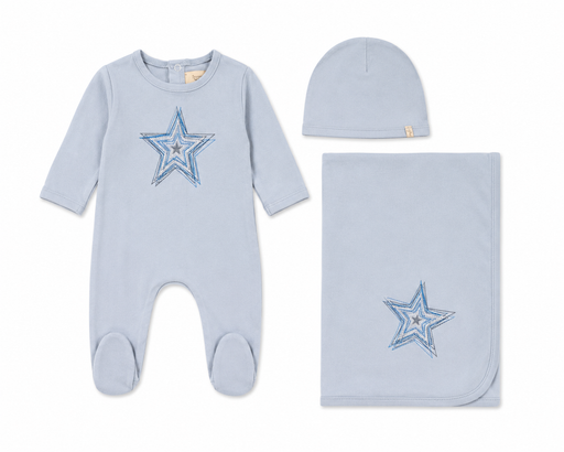 Embroidered Flower/Star Layette Set Dusty Sky Blanket Tricot Bebe