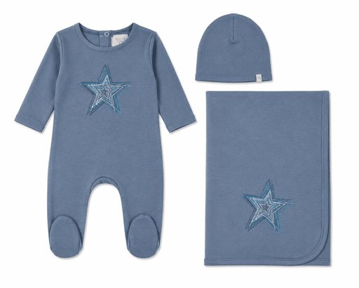 Embroidered Flower/Star Layette Set Midnight Teal Blanket Tricot Bebe