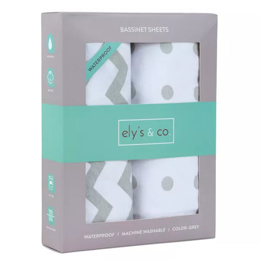 ELY`S & CO. WATERPROOF BASSINET SHEET NO NEED FOR MATTRESS PAD COVER -2 PACK GREY CHEVRON AND POLKA DOT