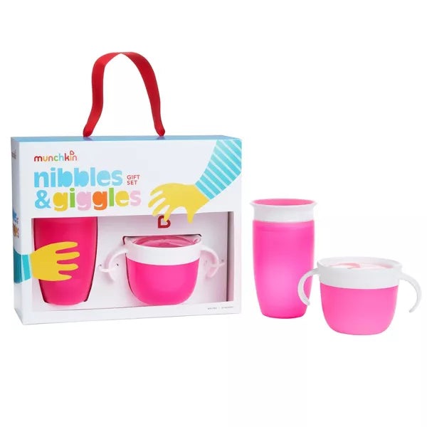 MUNCHKIN NIBBLES & GIGGLES TODDLER MIRACLE CUP AND SNACK CATCHER FEEDING GIFT SET - PINK - 10OZ