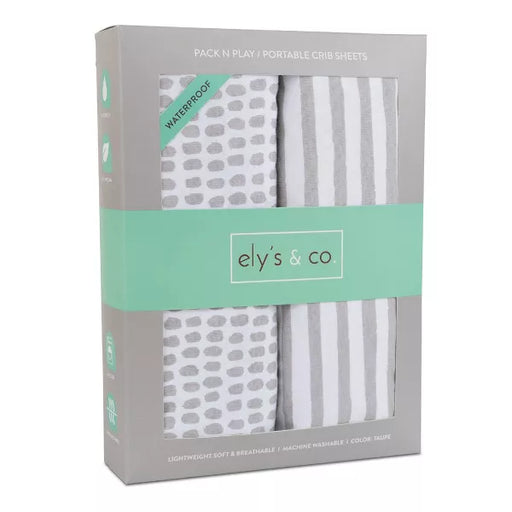 ELY`S & CO. WATERPROOF PACK N PLAY PORTABLE CRIB SHEET SET 100% JERSEY COTTON 2 PACK -STRIPES AND SPLASH TAUPE