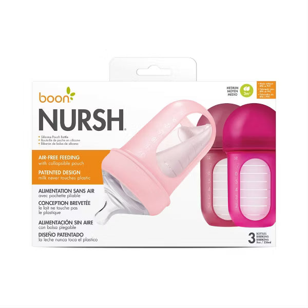 BOON NURSH SILICONE BABY BOTTLES WITH COLLAPSIBLE SILICONE POUCH - 8 FL OZ/3PK MEDIUM FLOW NIPPLE, BPA-FREE