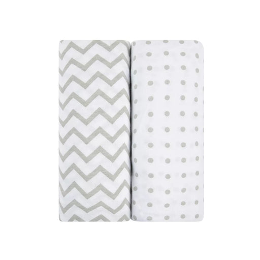 ELY`S & CO. PACK N PLAY PORTABLE CRIB SHEET SET 100% JERSEY COTTON 2 PACK - GREY CHEVRON AND POLKA DOTS