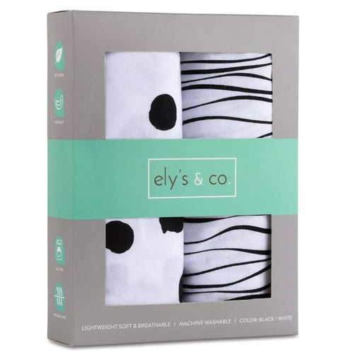 2PK BASSINET SHEETS BLK STRIPES + DOTS