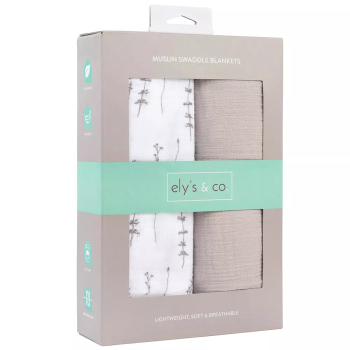 2PK MUSLIN SWADDLES FOREST GREY LEAVES-GREY