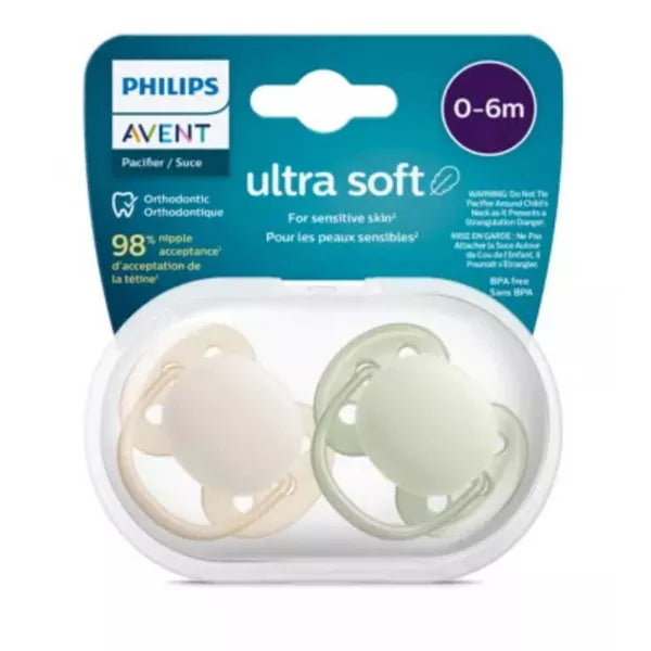 AVENT PHILIPS ULTRA SOFT PACIFIER 0-6 MONTHS SAND/GREEN 2PK