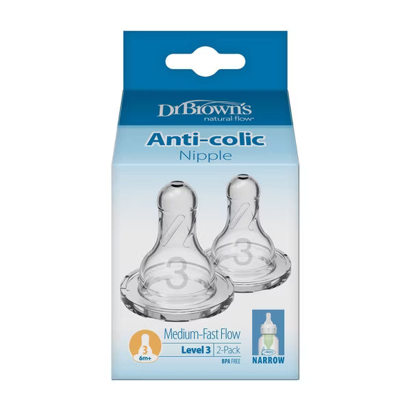 DR. BROWN`S NARROW BABY BOTTLE SILICONE NIPPLE - 2PK BPA-FREE, VENT-FREE . LEVEL 3-FAST FLOW BOTTLE ACCESORIES DR BROWNS