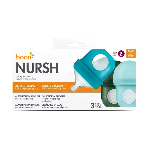 BOON NURSH SILICONE POUCH BABY BOTTLES - 4 FL OZ/3PK: ANTI-COLIC, WIDE NECK, BPA-FREE