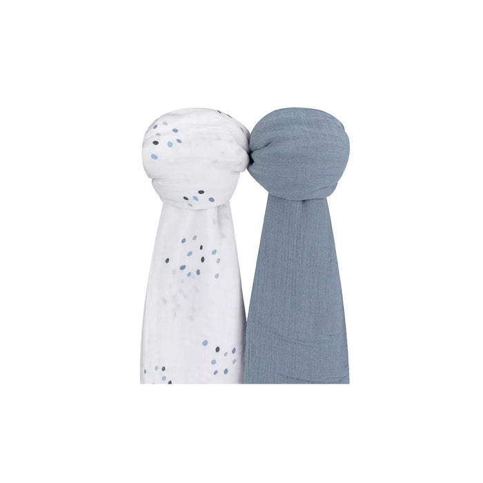 2PK MUSLIN SWADDLES BLUE DOTS-SOLID BLUE